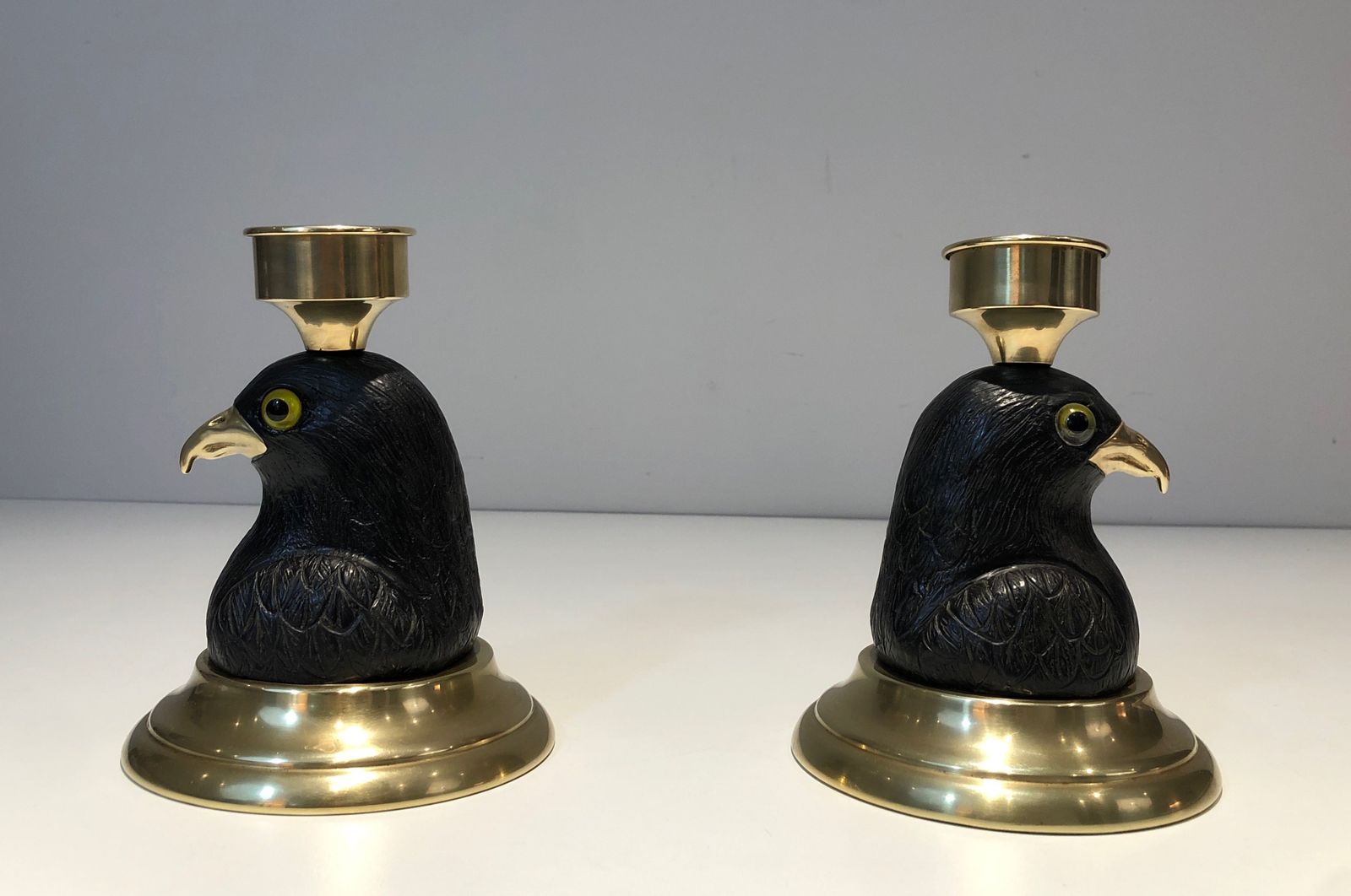 photo for sale Pair Of Candlesticks Representing Eagles In Carved Wood, Brass Beaks And Glass Eyes Stamped Houy Pouiga