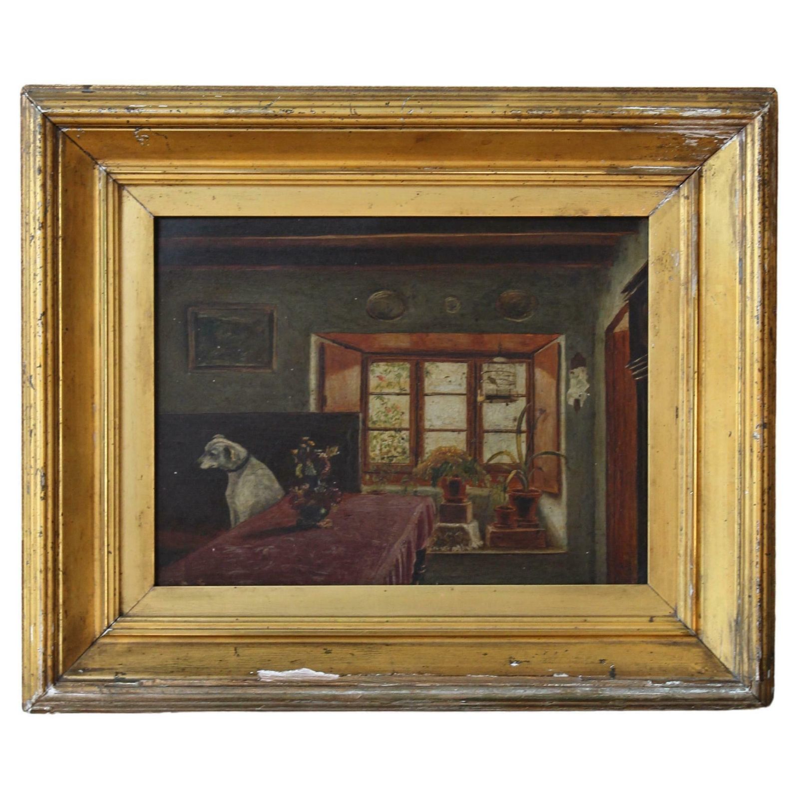 19th C Folk Art J.Wheatley Jones Oil On Board Dog & Interior "Inferno" 1887
