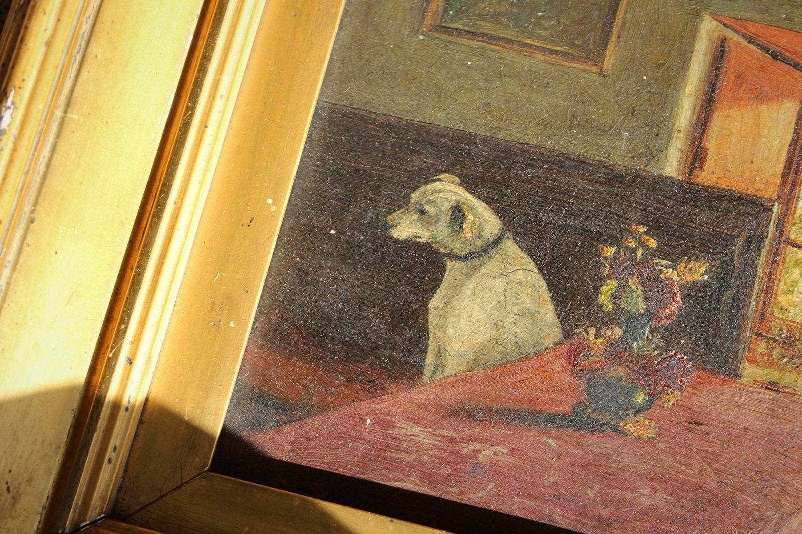 19th C Folk Art J.Wheatley Jones Oil On Board Dog & Interior "Inferno" 1887 photo for sale