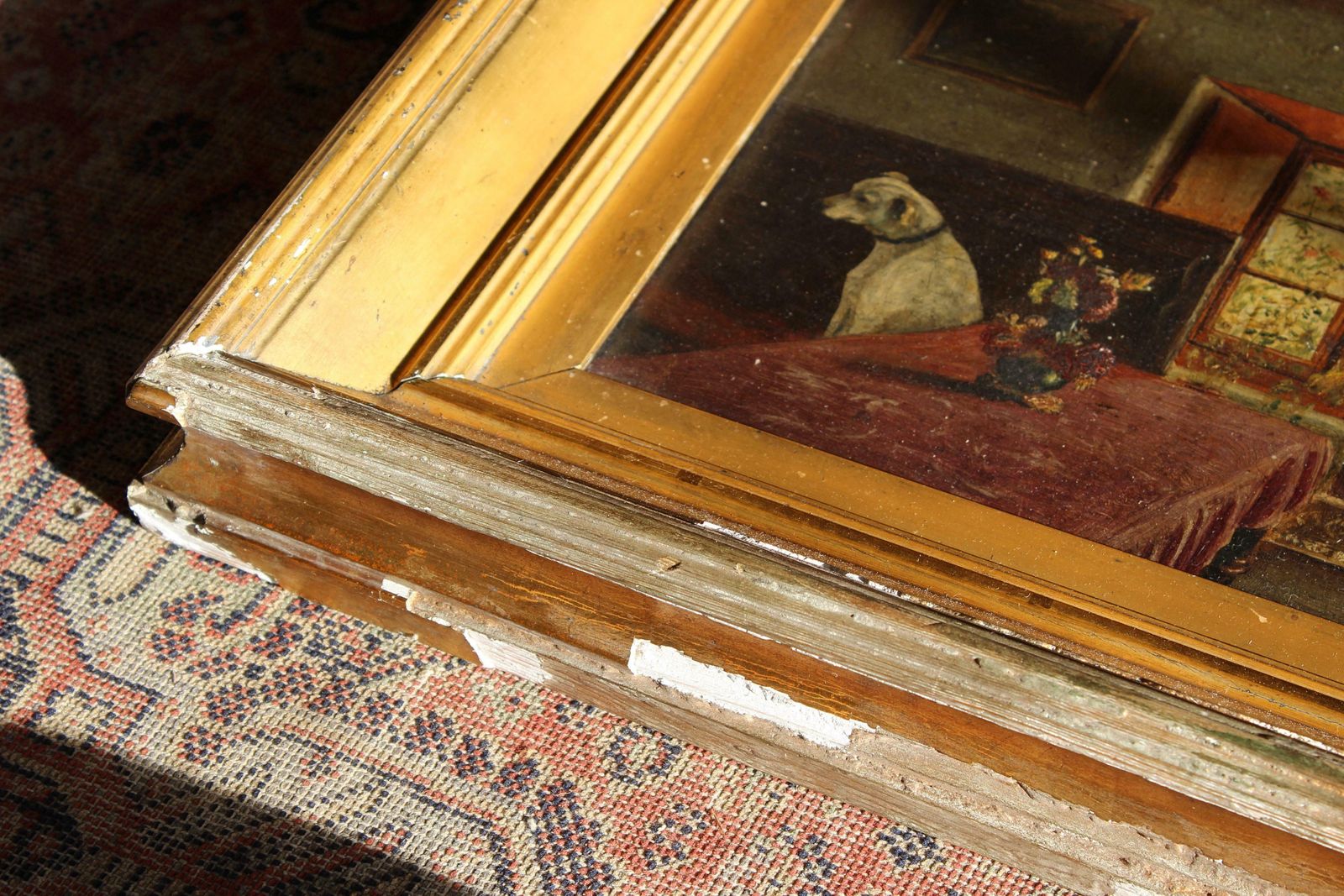 19th C Folk Art J.Wheatley Jones Oil On Board Dog & Interior "Inferno" 1887 photo buy