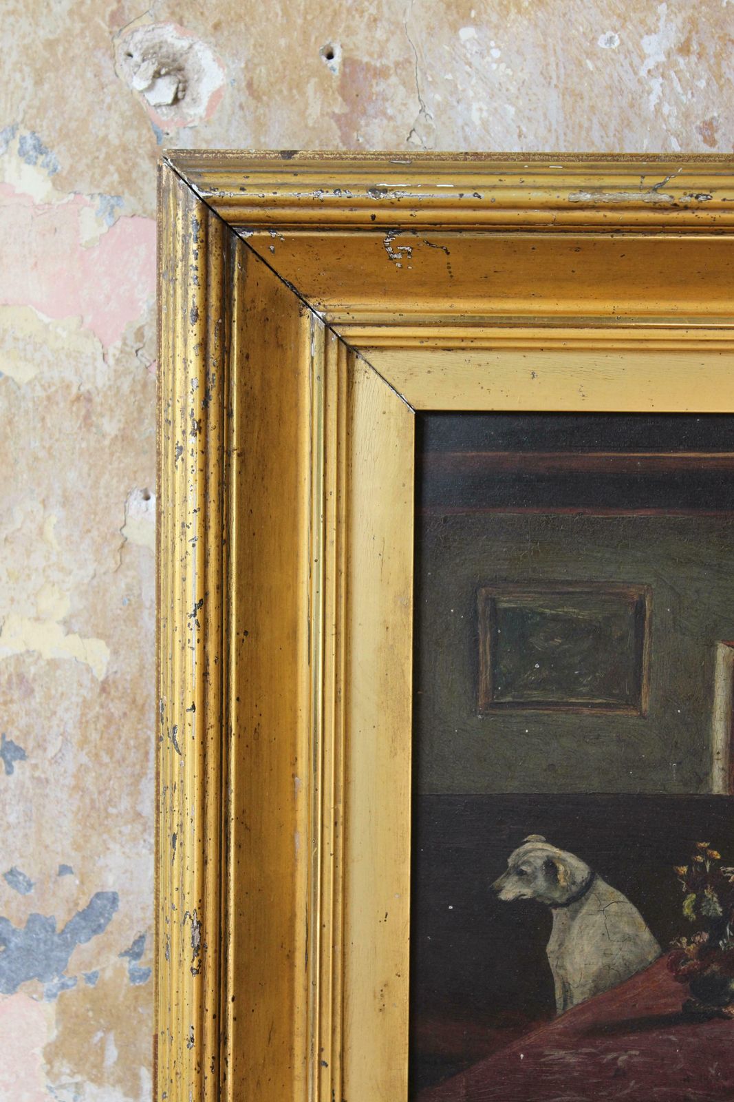 895.0 19th C Folk Art J.Wheatley Jones Oil On Board Dog & Interior "Inferno" 1887 photo