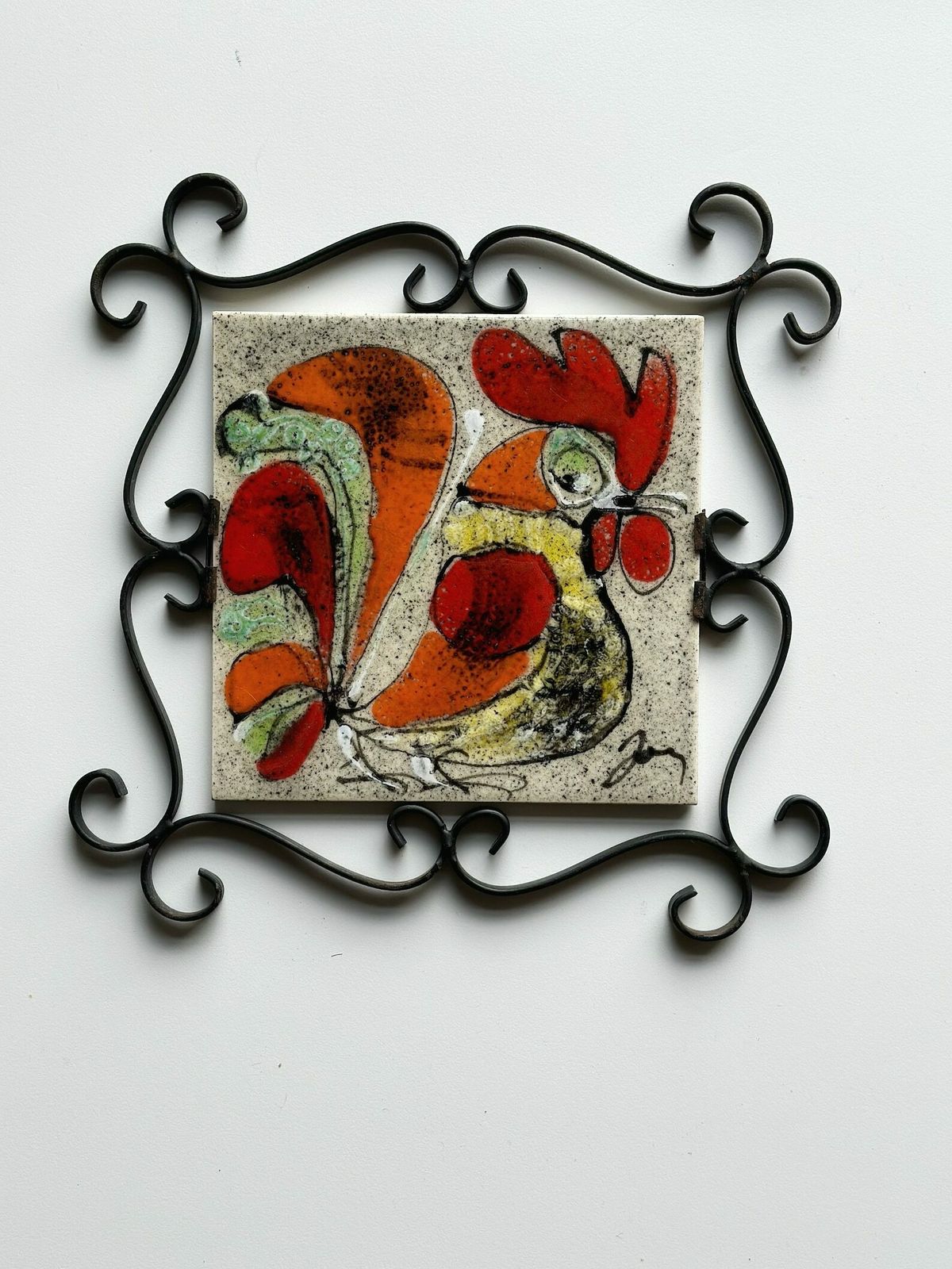 Delassus Fourmaintraux Desvres French Earthenware Tile Trivet 1960s 70s With Wrought Iron Frame photo 75.0