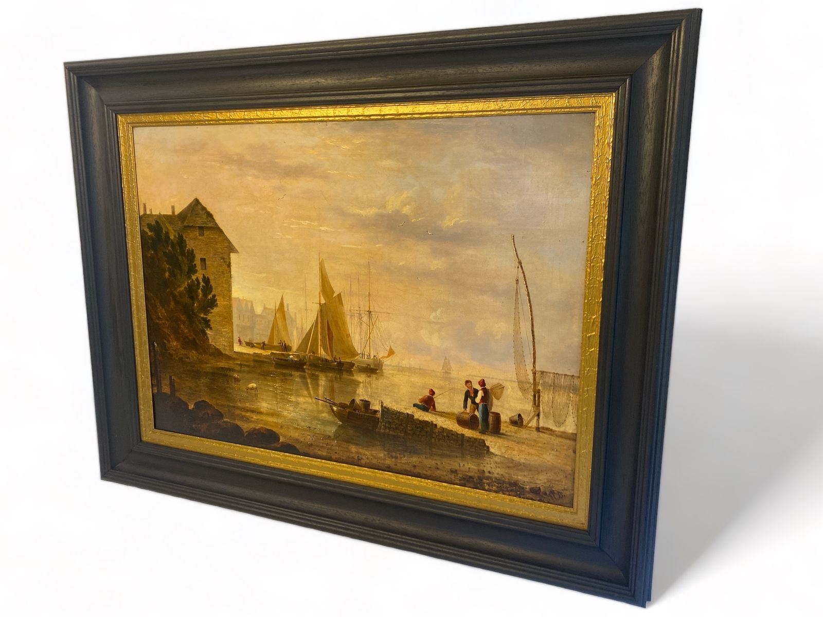 Oil Painting   Early 19th Century Landscape Of A Harbour photo for sale