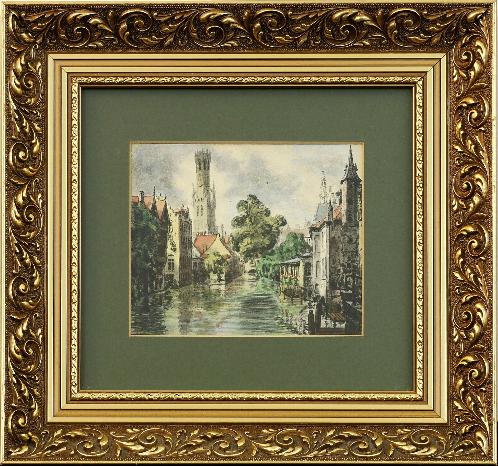 Watercolour Of View Across Brugge Zeebrugge Canal To The Belfry Of Bruges