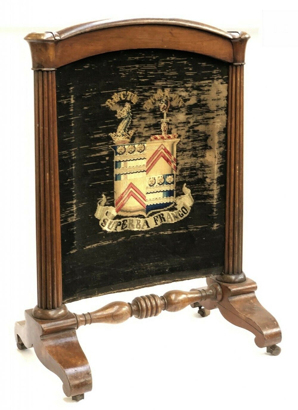 A C19th Mahogany Firescreen Depicting The Clan Maclellan Coat Of Arms