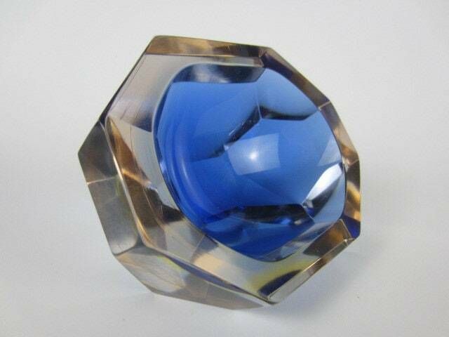 Murano Crystal Glass 4 X Sommerso Faceted Sculptural Bowl By Flavio Poli, 60s