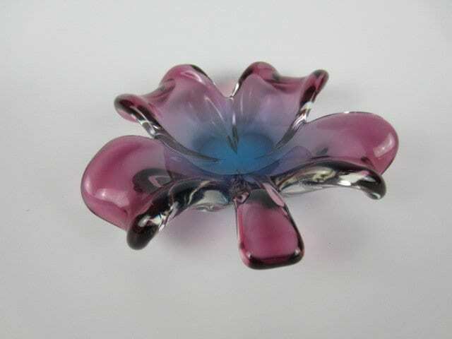 Seguso Purple And Blue Murano Sommerso Lucky 4 Leaf Clover Shape Bowl Dish 60s photo vinterior