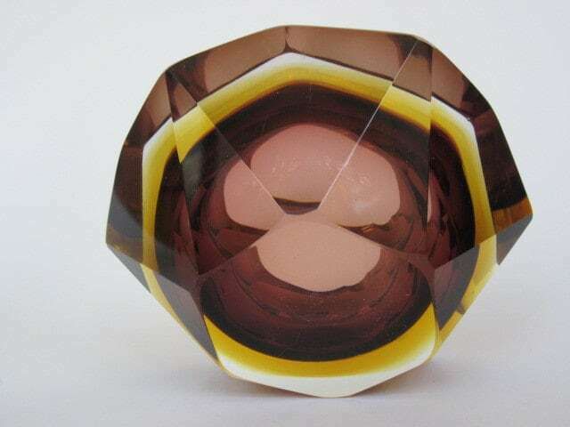 Murano Sommerso Brown Amber Mandruzzato 6 Facet Cut Geometric Art Glass Bowl photo vinterior