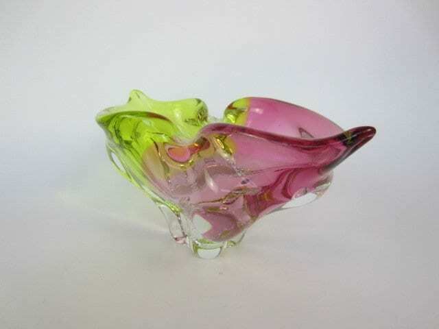 Heavy Mid Century Green Pink Colourful Twisted Czech Sommerso Rib Glass Bowl 60s photo for sale