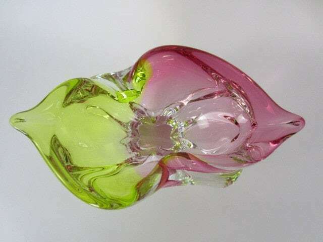 Heavy Mid Century Green Pink Colourful Twisted Czech Sommerso Rib Glass Bowl 60s photo buy
