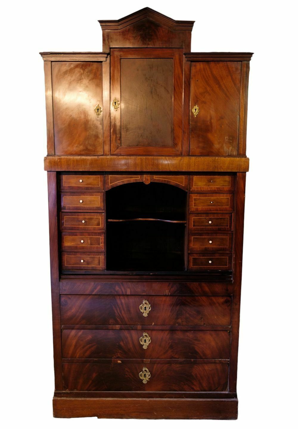 Secretary In Mahogany & Brass With Intarsia From 1840s