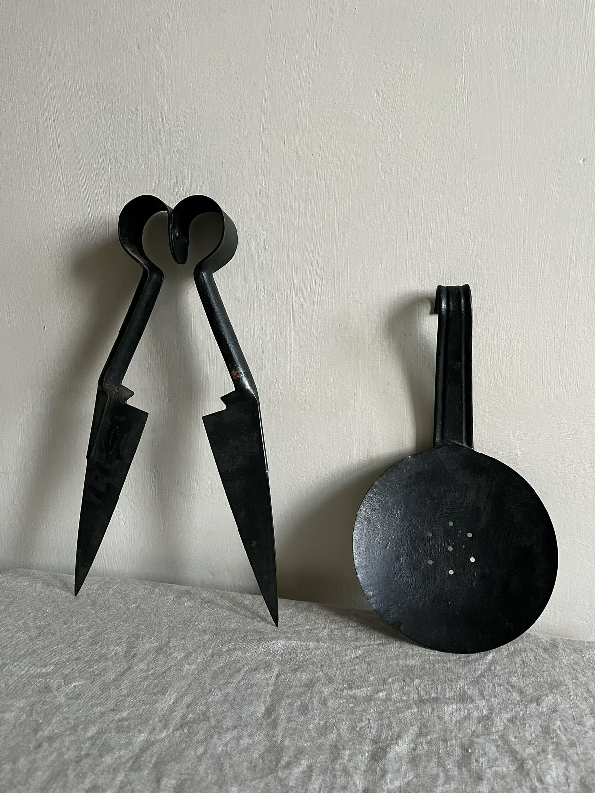 Antique Steel Sheep Shears & Metal Skimmer, Rustic Primitive Farmhouse Style Kitchen Accessories Or Tools photo buy