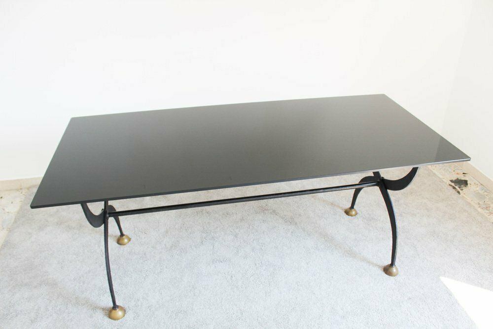 Furniture Dining Table In Wrought Iron And Black Lacquered Glass, Italy, 1970s photo