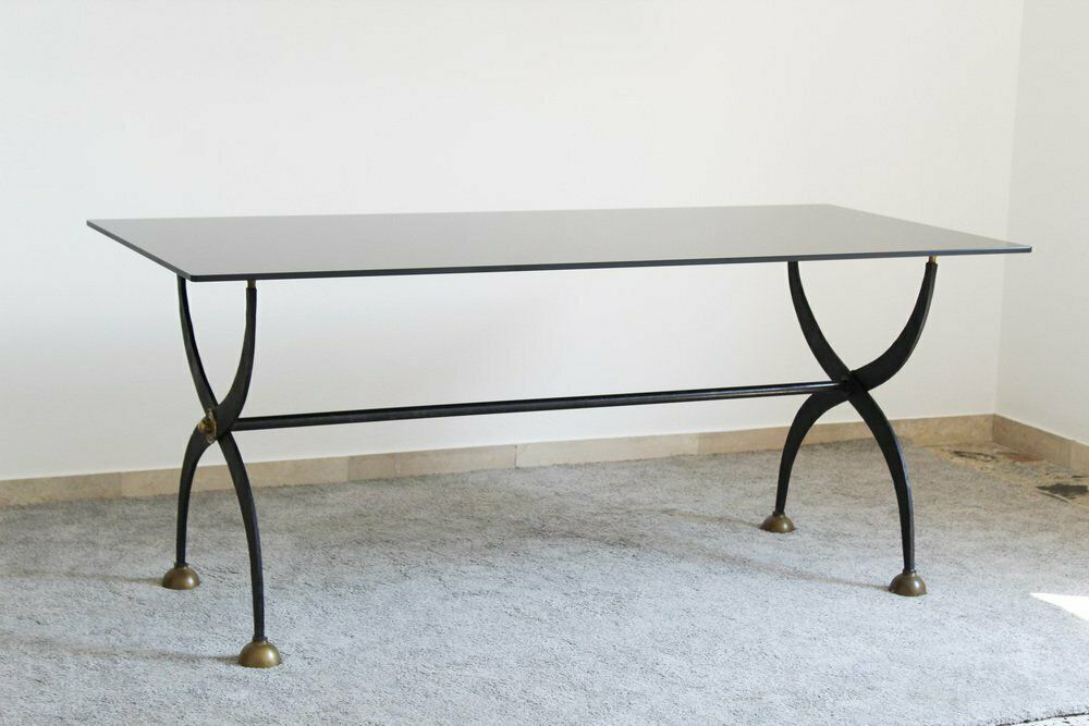 2431.0 Dining Table In Wrought Iron And Black Lacquered Glass, Italy, 1970s photo