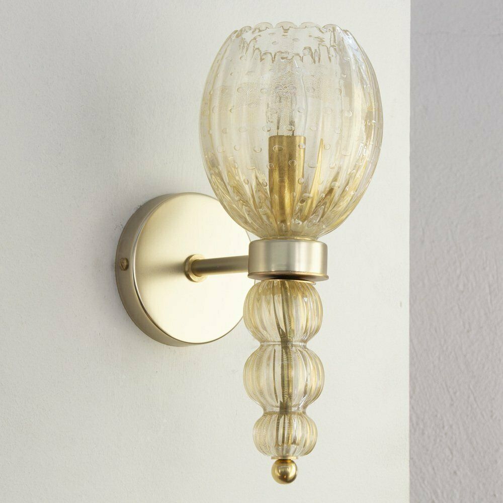 Wall Lamps In Crystal Colored Murano Glass And Golden Decorations, Blown Glass And Artistic Decorations, 1990s, Set Of 2 photo for sale