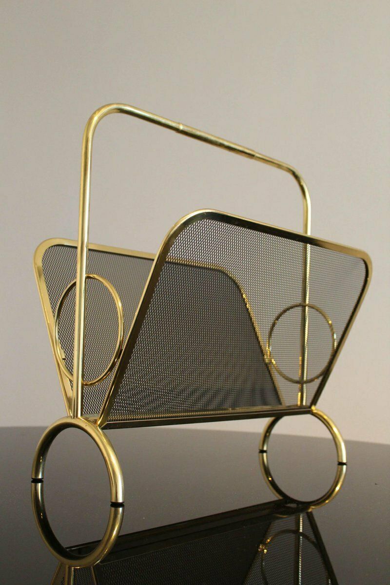 Magazine Rack In Brass And Black Lacquered Metal, Italy, 1970s