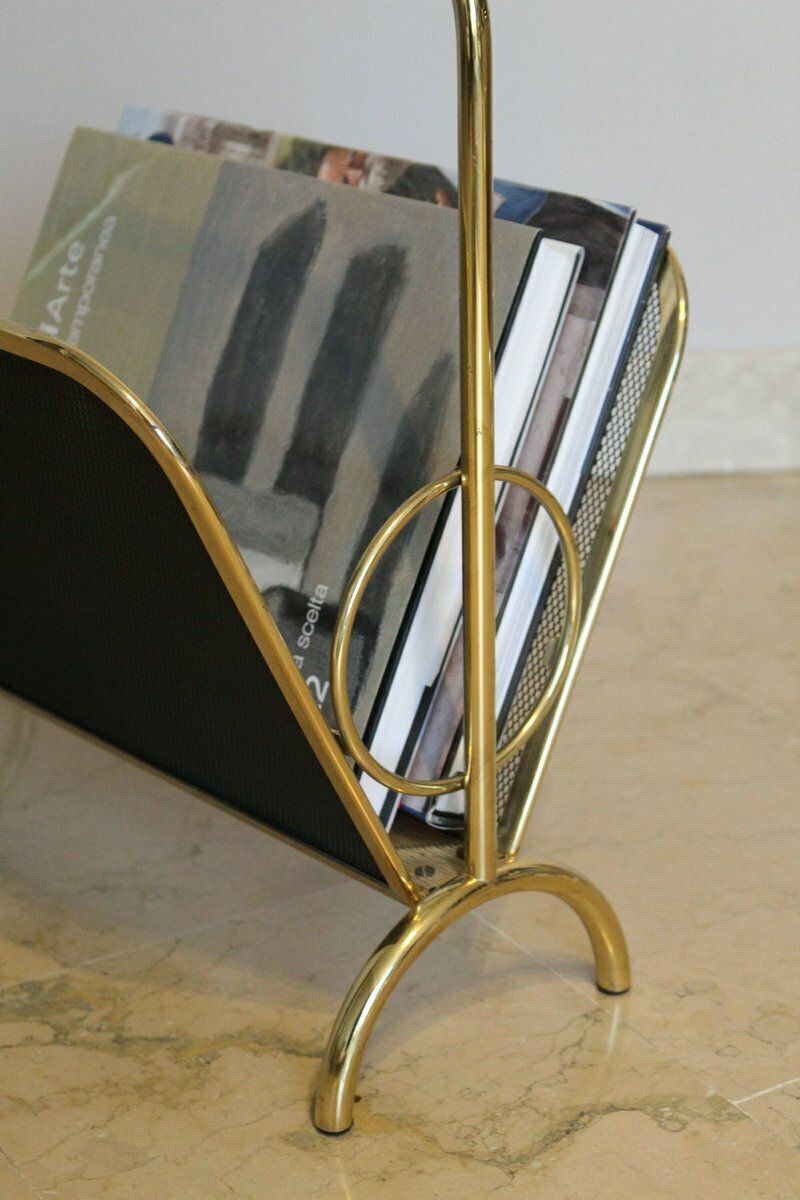 Magazine Rack In Brass And Black Lacquered Metal, Italy, 1970s photo vinterior
