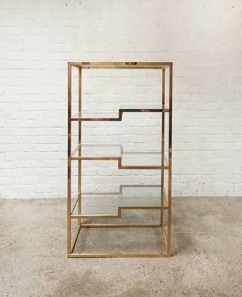 Vintage Geometric Gold Plated Shelving Unit Attributed To Belgo Chrom, 1970s