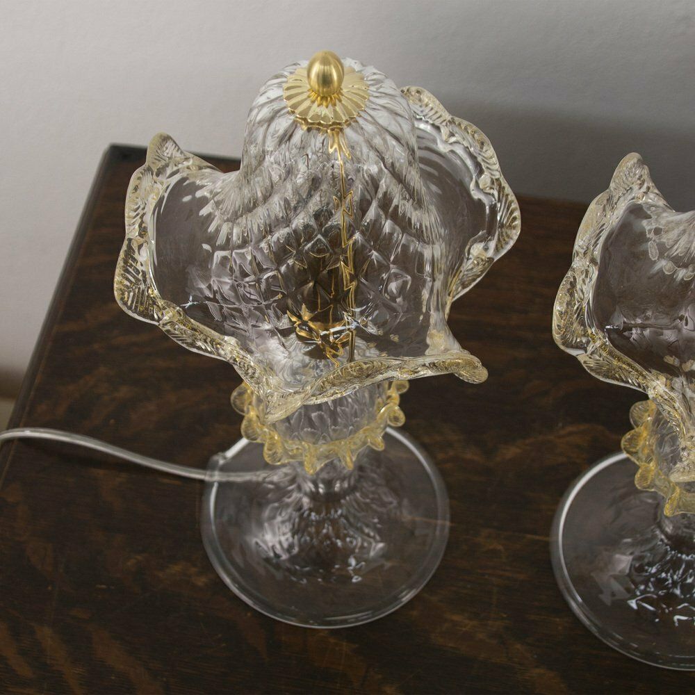 Murano Transparent Murano Glass Table Lamps With Golden Art Decorations, Italy, Set Of 2 photo Lighting
