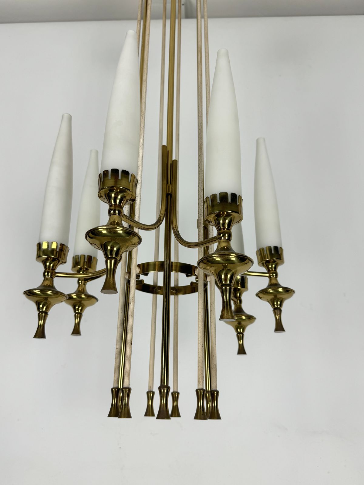 Mid Century Arredoluce Monza Brass And Six Opaline Glasses Chandelier. Italy 1950s photo 2990.0