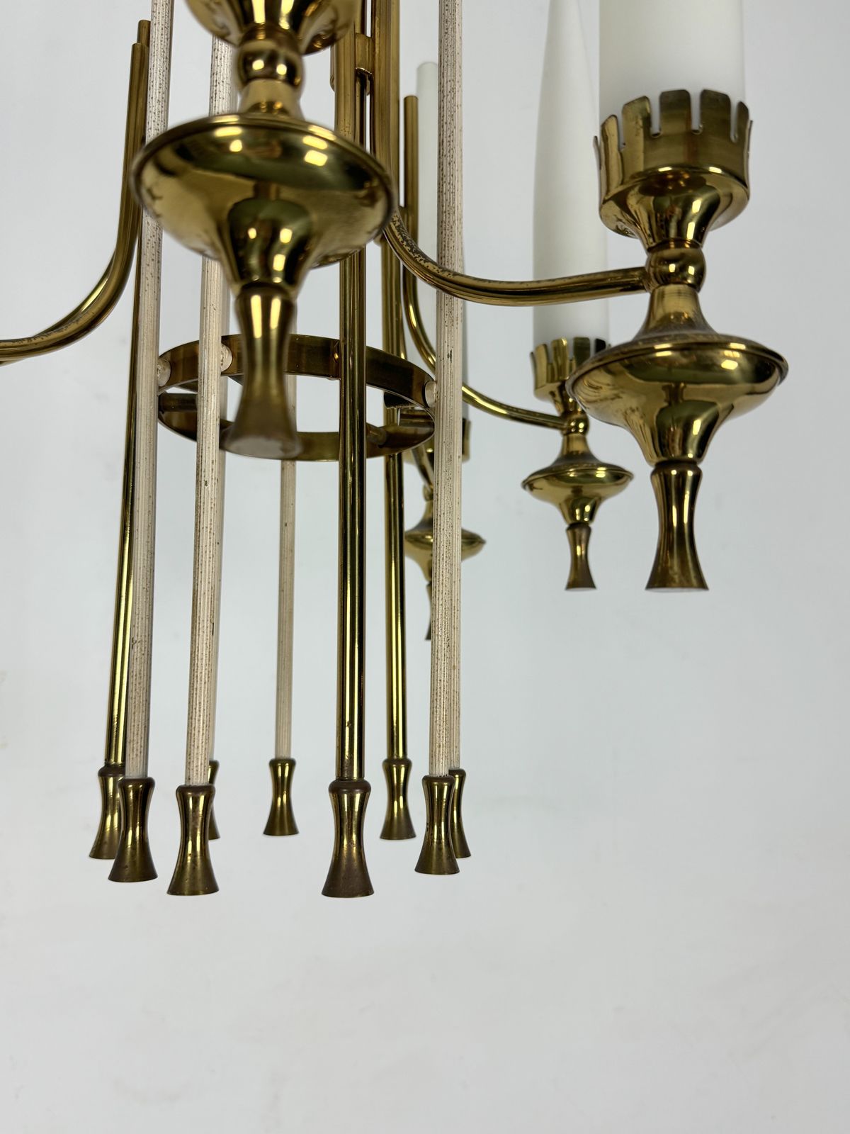 2990.0 Mid Century Arredoluce Monza Brass And Six Opaline Glasses Chandelier. Italy 1950s photo