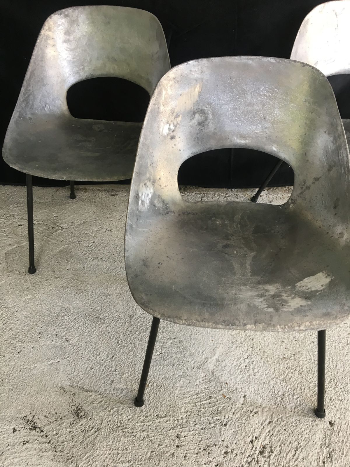 Set Of 3 Pierre Guariche “Tonneau” Cast Aluminum Chairs 1950’s photo furniture
