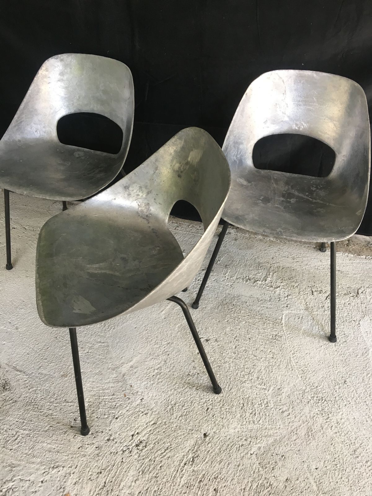 Set Of 3 Pierre Guariche “Tonneau” Cast Aluminum Chairs 1950’s photo for sale