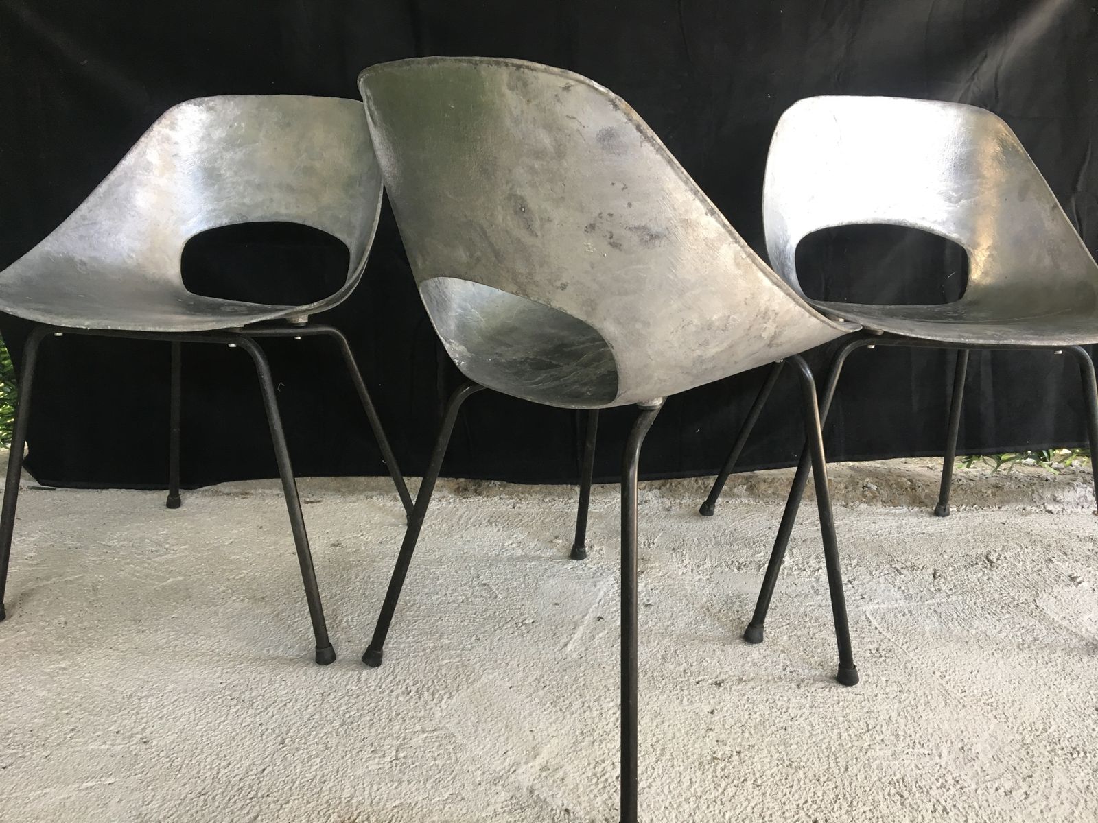 Set Of 3 Pierre Guariche “Tonneau” Cast Aluminum Chairs 1950’s photo Furniture