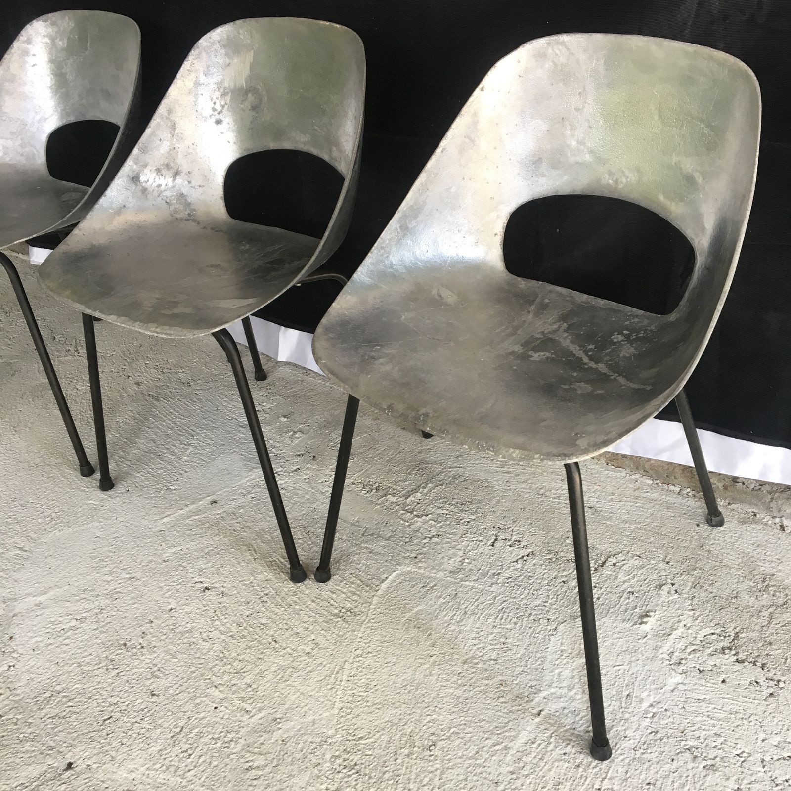 Set Of 3 Pierre Guariche “Tonneau” Cast Aluminum Chairs 1950’s photo 9000.0