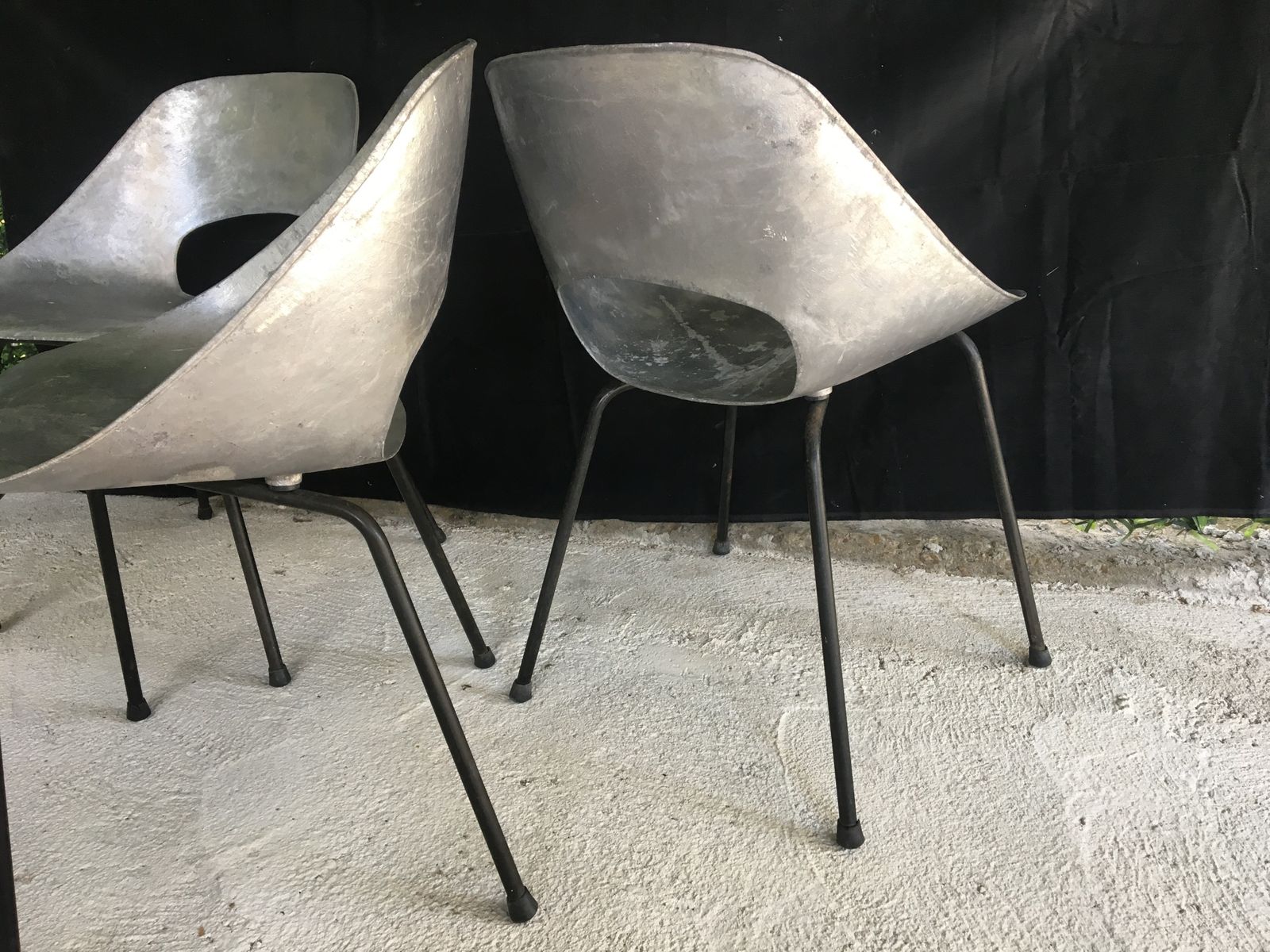 Set Of 3 Pierre Guariche “Tonneau” Cast Aluminum Chairs 1950’s photo vintage