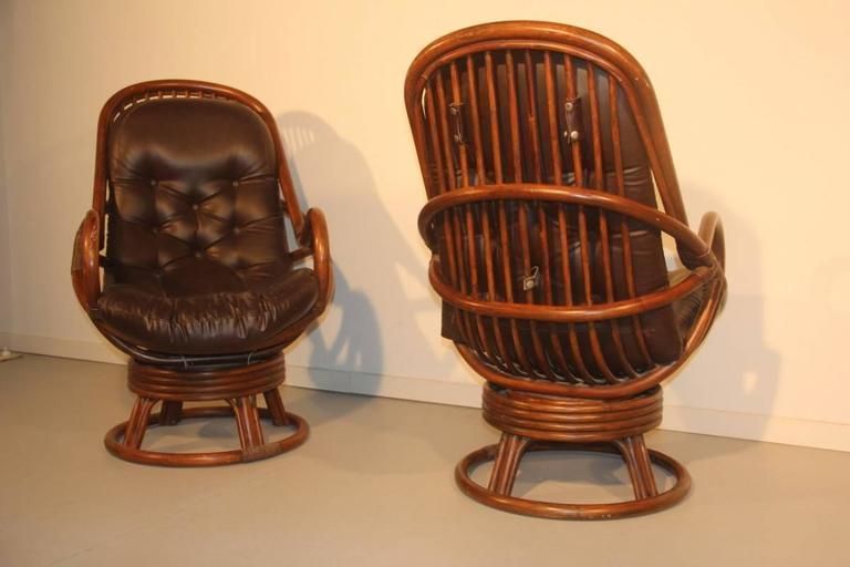 photo for sale Bamboo And Leather Armchairs In 1960 Revolving