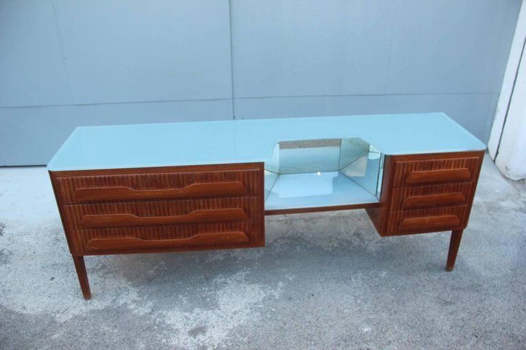 Chest Of Drawers, 1950, Mahogany , Glass Top Gray Mid Century Modern Italian