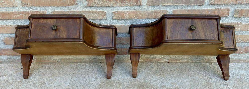 French Wall Bedside Tables In Walnut, 1920s, Set Of 2 photo for sale