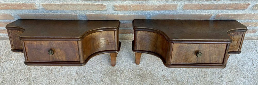 photo furniture French Wall Bedside Tables In Walnut, 1920s, Set Of 2