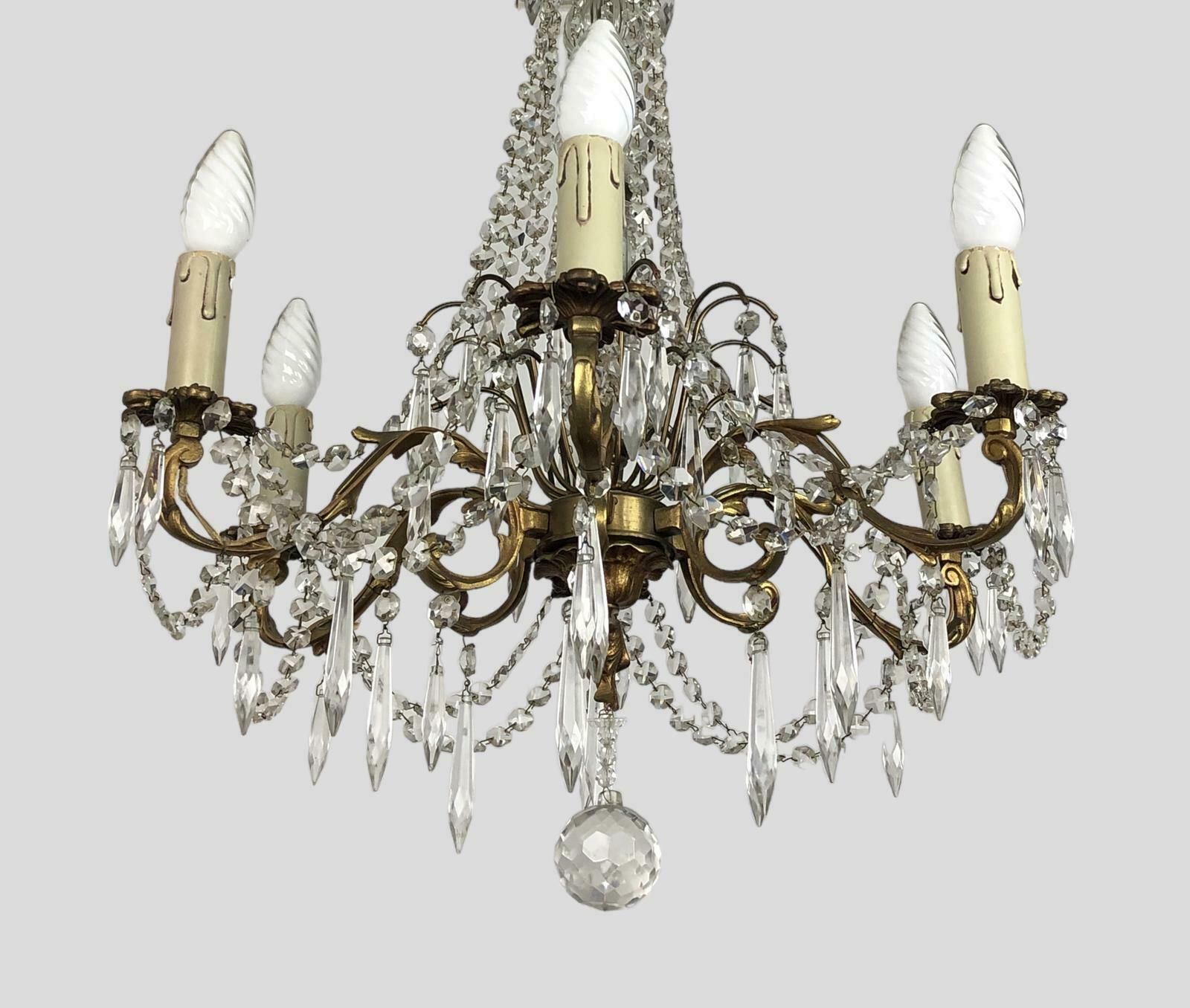 Large Gilt Bronze 6 Arm Chandelier Crystal Droplets & Swags photo 585.0
