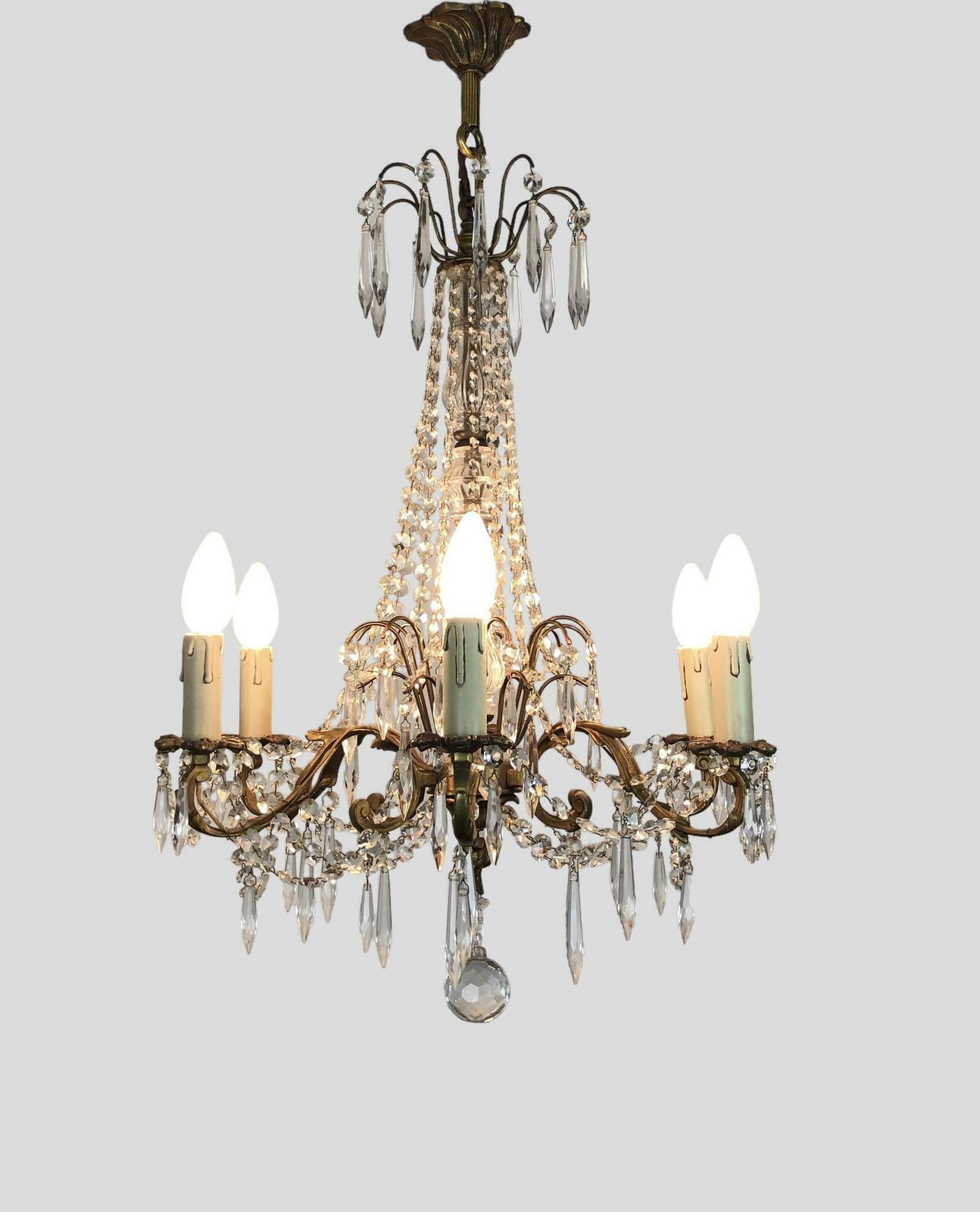 photo for sale Large Gilt Bronze 6 Arm Chandelier Crystal Droplets & Swags