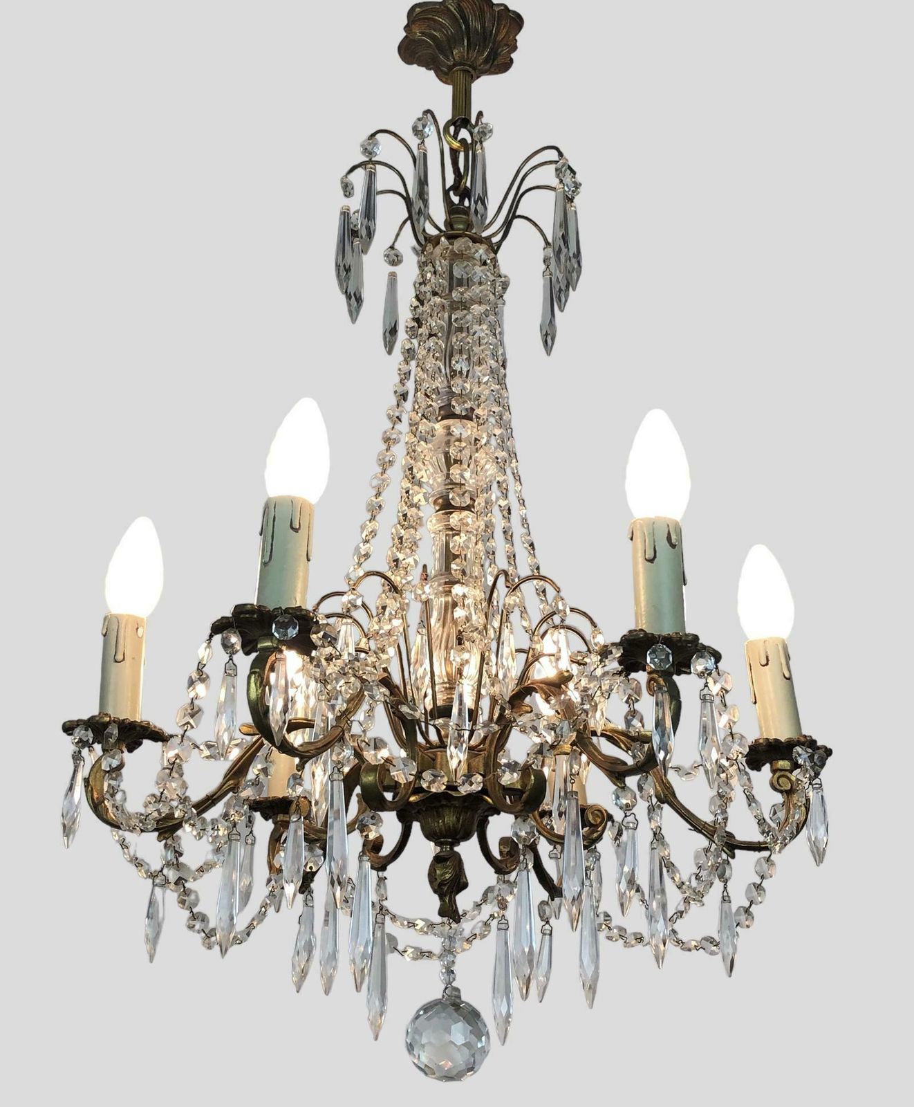 photo vinterior Large Gilt Bronze 6 Arm Chandelier Crystal Droplets & Swags