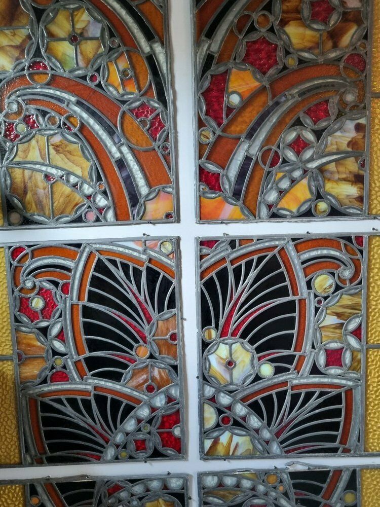 Large Art Deco Architectural Stained Glass Window Panels, 1920s, Set Of 12 photo vintage