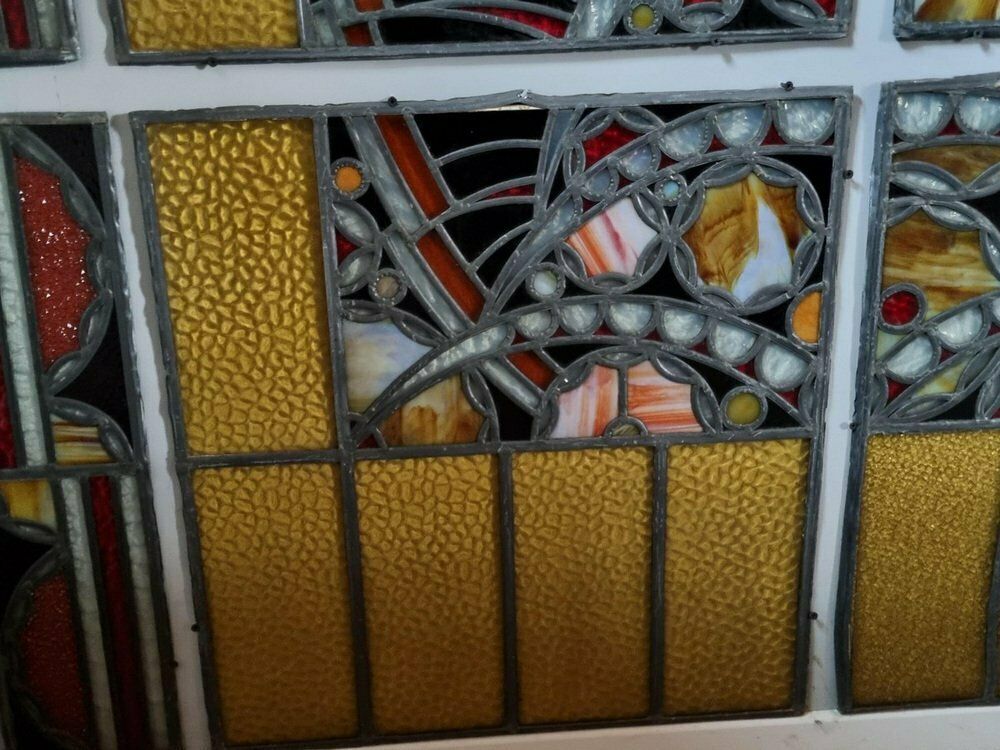 Home Fixtures Large Art Deco Architectural Stained Glass Window Panels, 1920s, Set Of 12 photo