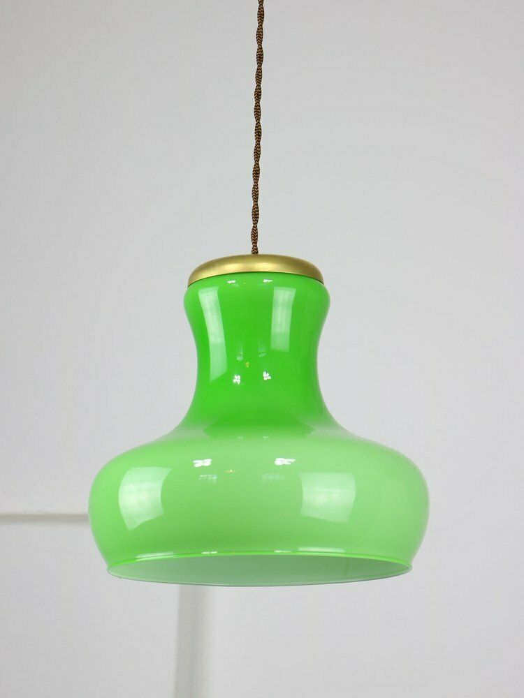 Large Mid Century Italian Brass And Glass Pendant Lamp