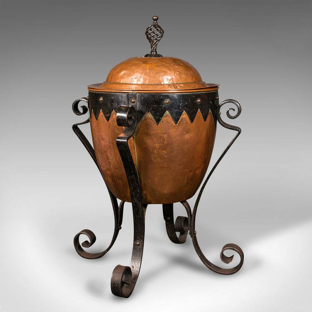 Antique Arts And Crafts Fireside Bin English Copper Log Coal Victorian