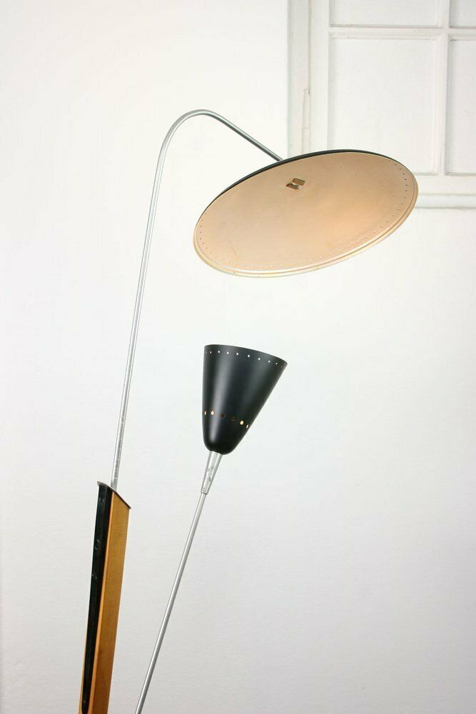 Mid Century Italian Aluminum & Wood Floor Lamp With Reflector photo Lighting