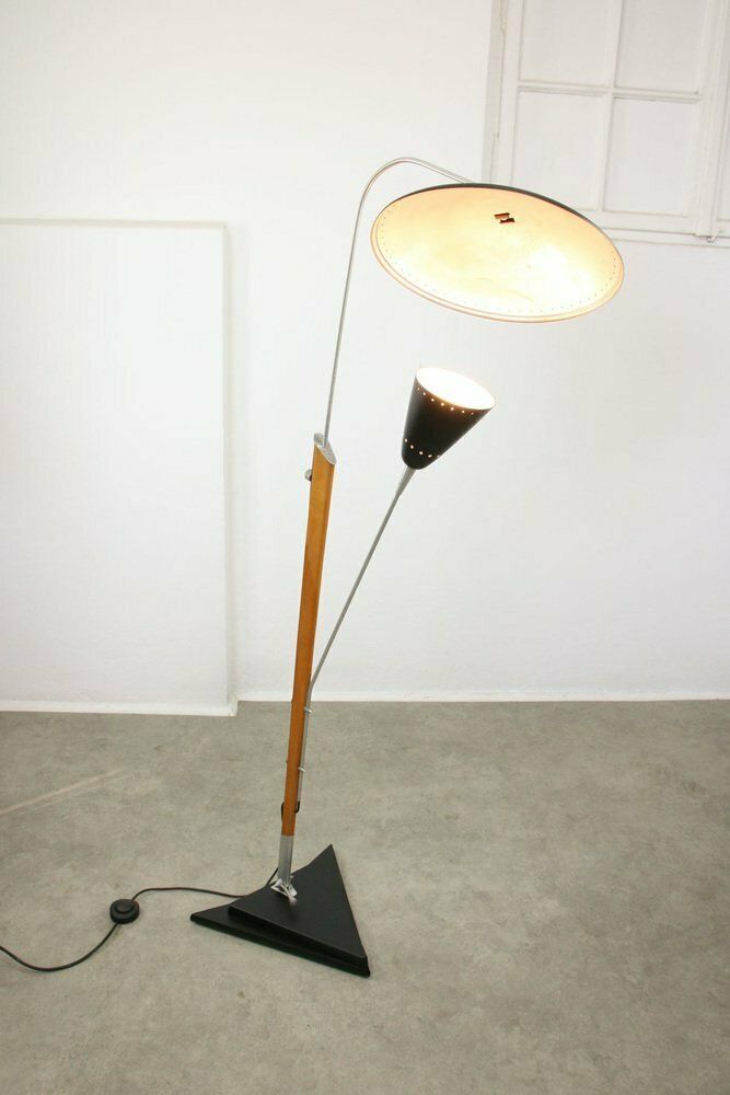 Mid Century Italian Aluminum & Wood Floor Lamp With Reflector photo buy