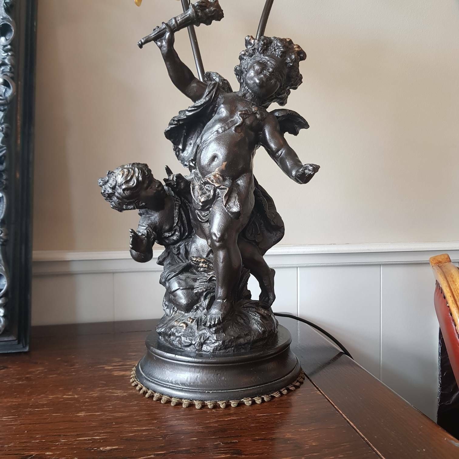 Vintage Franse Lamp, Tafellamp, Woondecoratie, Interieur, Bruine Kap, Lamp Met 2 Figurenbeelden, Putti, Cherubijnen, Engelenlamp, Verzamelobject photo 433.0