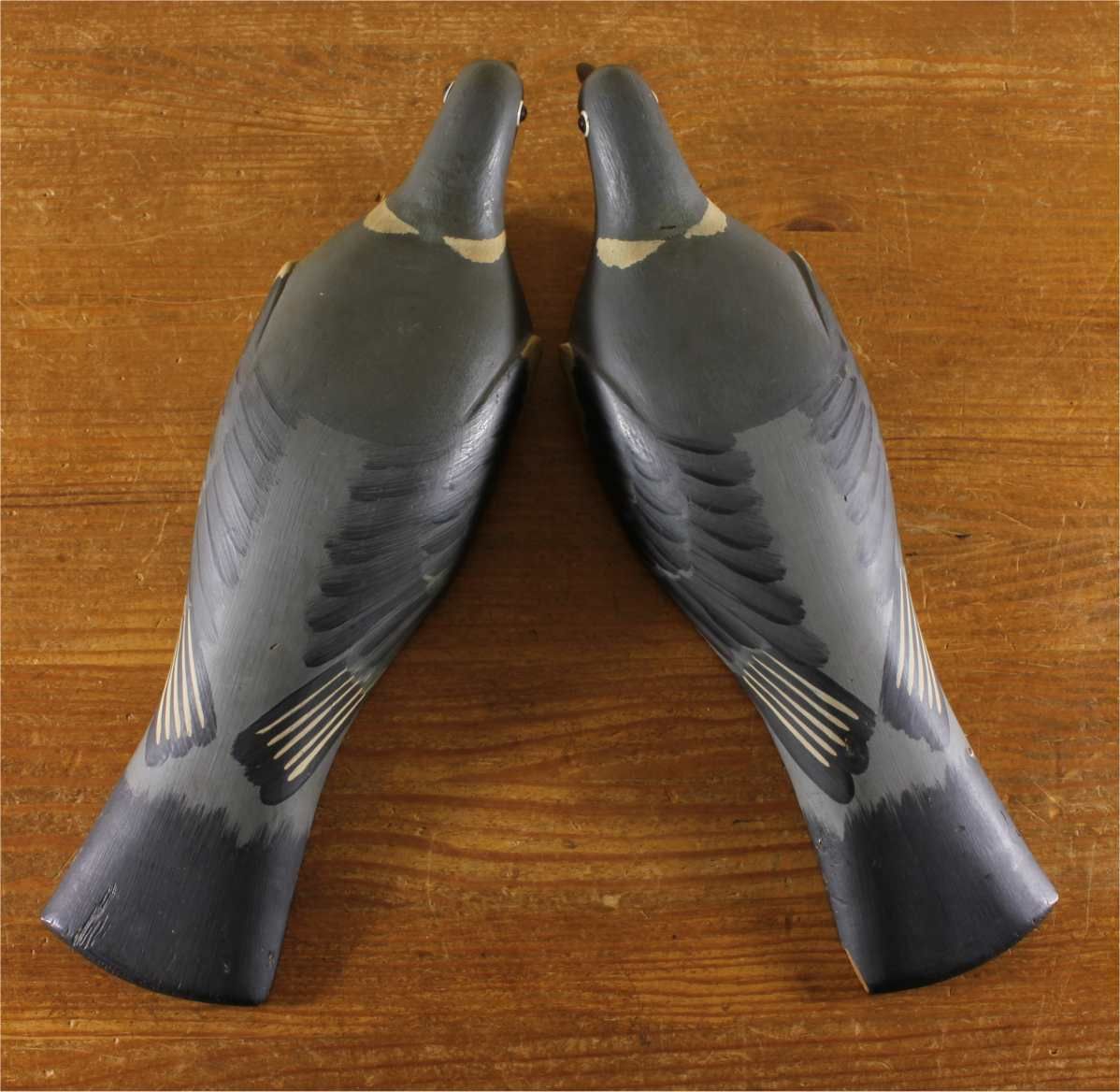 Two Wooden Decoy Pigeons. Ted Grace English Folk Art Birds. 1950's.