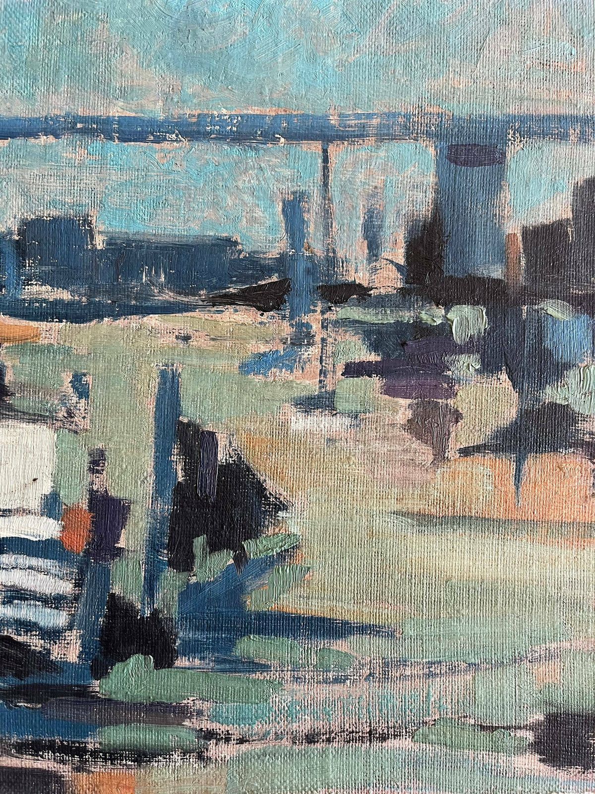 Mid Century Oil Painting Of Harbour Of Water Bay River Side In Blue Tones, Semi Abstract Artwork, Framed In A Tray Frame photo for sale