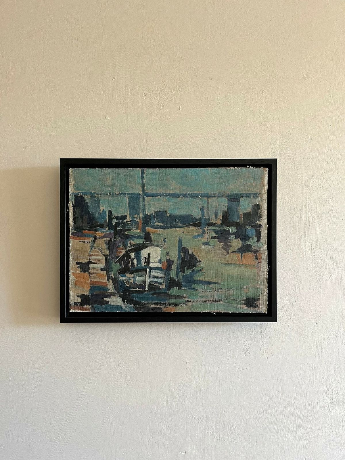 Mid Century Oil Painting Of Harbour Of Water Bay River Side In Blue Tones, Semi Abstract Artwork, Framed In A Tray Frame photo 650.0
