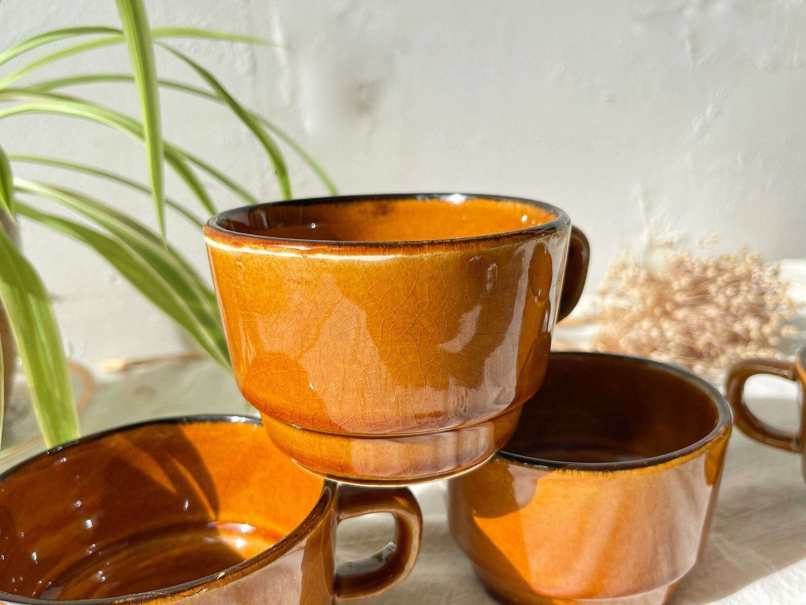 4 Vintage Coffee/Tea Cups In Black Caramel Earthenware   Vintage Coffee Service   Tea Cups   Vintage Mugs   Vintage Coffee Cups photo Home Decor
