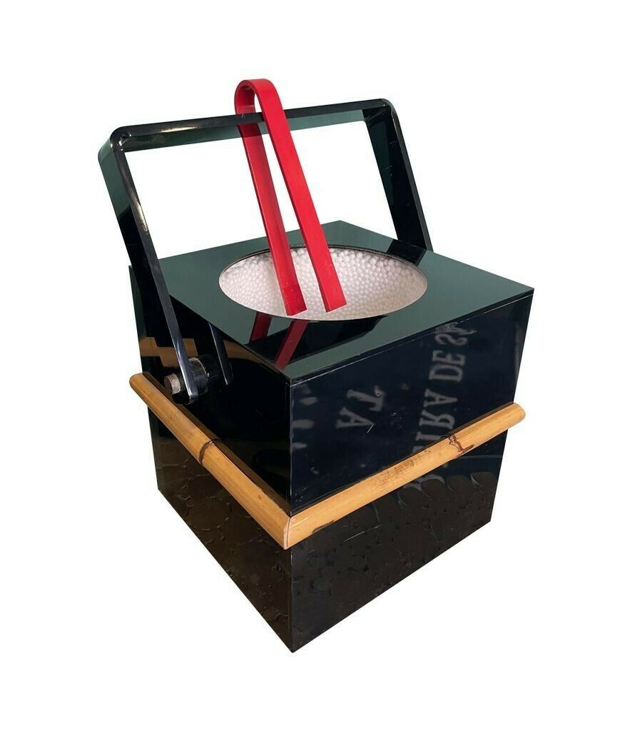 A 1970s Italian Bar Set Comprising An Ice Bucket With Lid And Bottle Holder In Black Perspex With Bamboo Detail photo vinterior