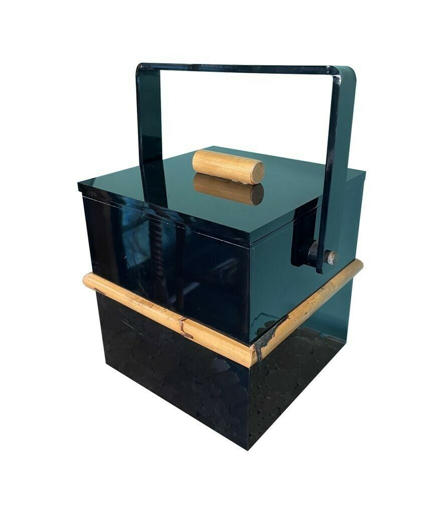 photo furniture A 1970s Italian Bar Set Comprising An Ice Bucket With Lid And Bottle Holder In Black Perspex With Bamboo Detail